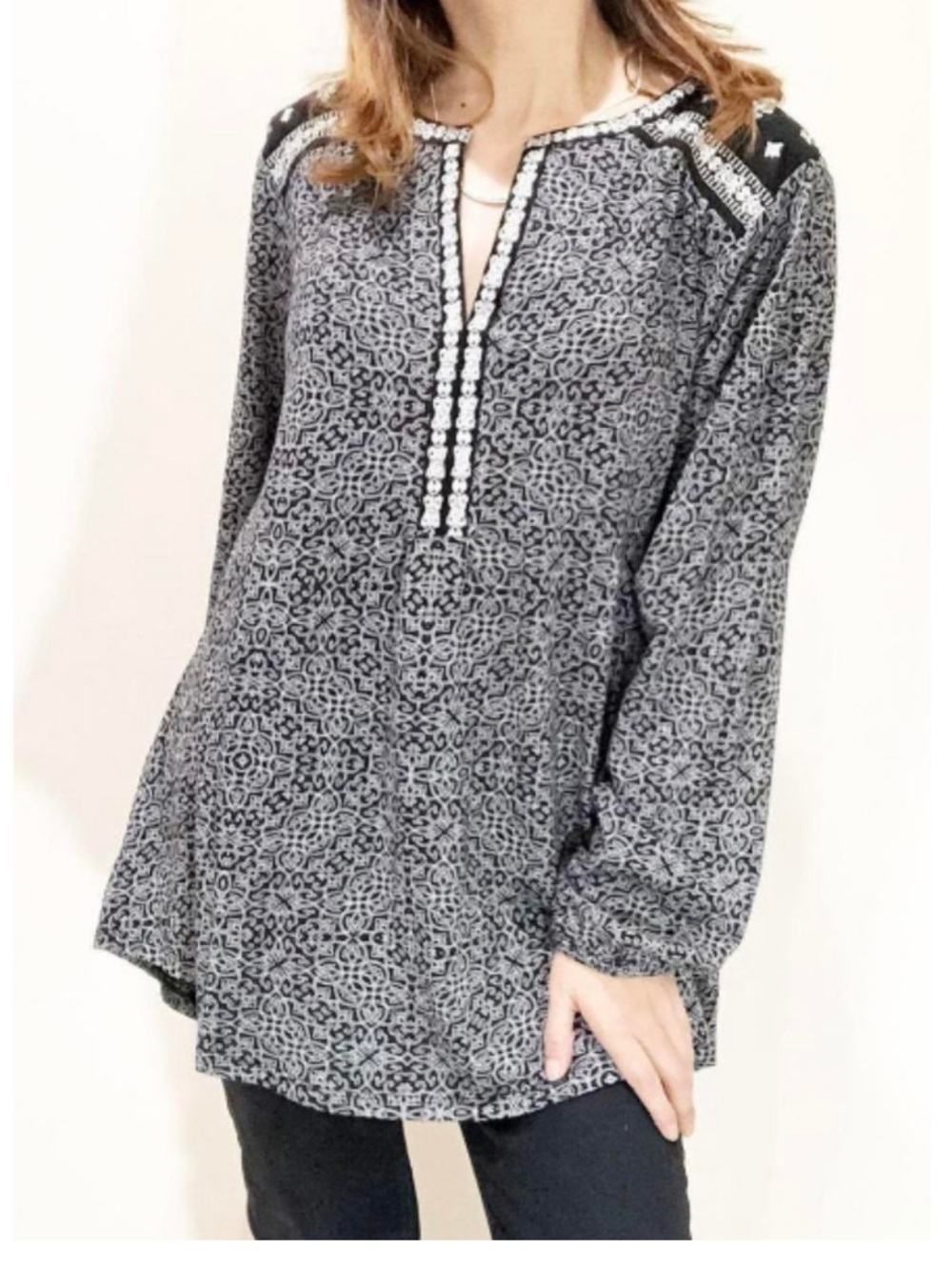 Lucky Brand Black & White Printed Long-Sleeve Tunic